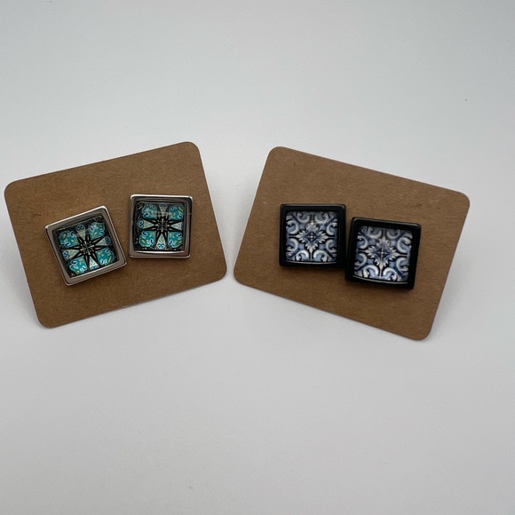 Classic Square Stud Earrings - Black and Silver Trendy Stud Earring Set - Picture 15 of 15